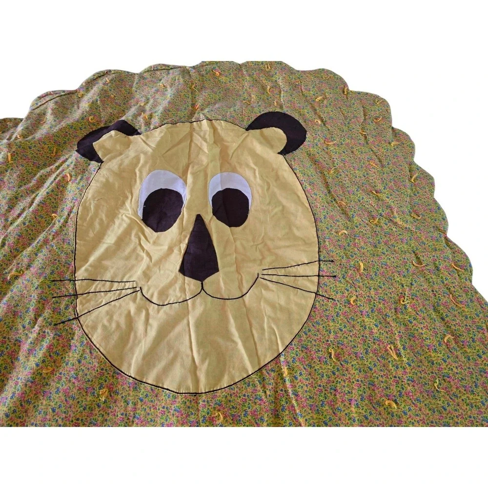 Vintage Lion Baby Quilt Stitched Handmade Throw Yellow Wall Art 39x48